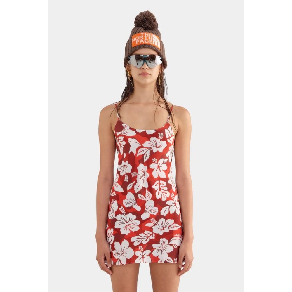 NWT Venroy Silk Slip Mini Dress Red Hibiscus Camo Floral Womens Size Medium